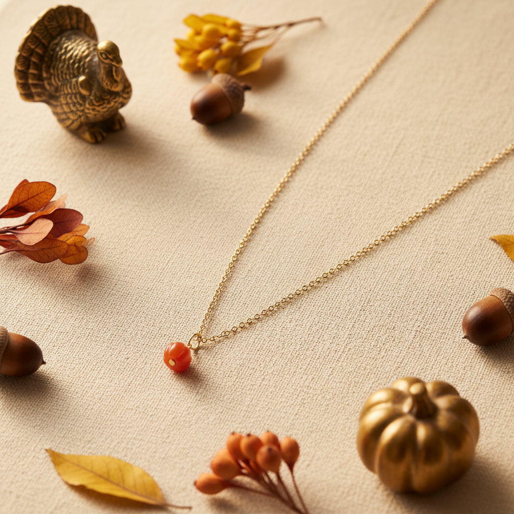 A gold chain necklace with a small round orange pendant, displayed on a black velvet jewelry bust against a white background.