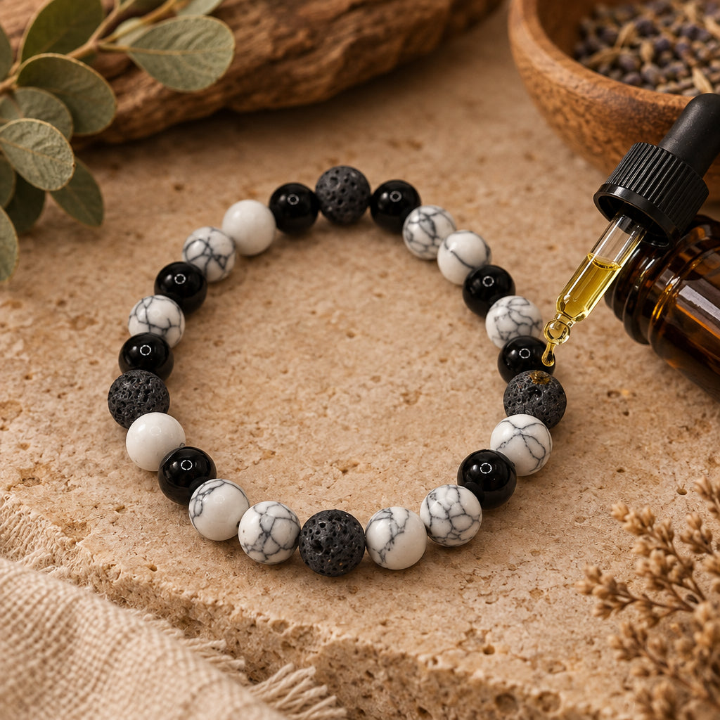 A beaded stretch bracelet made of alternating black and white marbled beads, displayed on a plain light gray background.