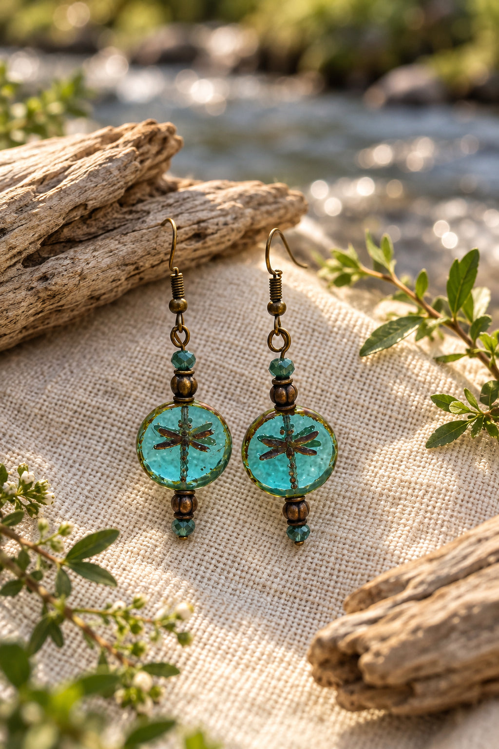 A pair of handmade dangle earrings displayed on a clear acrylic stand against a light gray background. The earrings feature round turquoise-blue glass medallions with a dark brown dragonfly design in the center, surrounded by dark brown and green beads on bronze-toned wire hooks.
