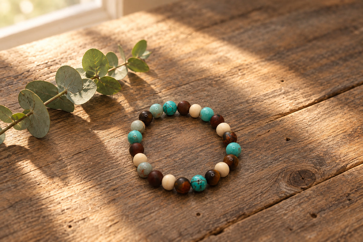 A beaded stretch bracelet made of round stone beads in turquoise, dark brown, cream, and light gray, arranged in a circle on a plain light gray background.