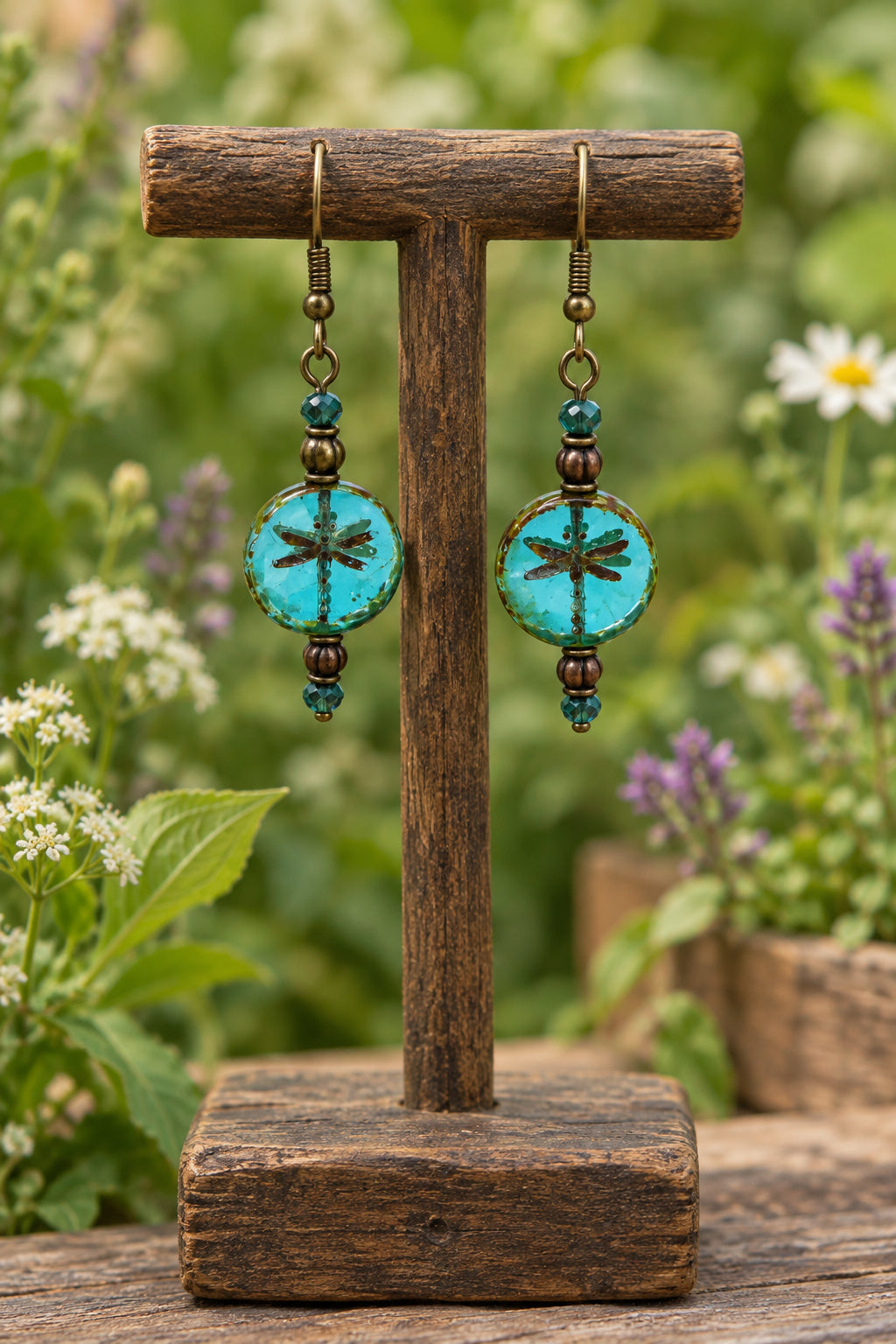A pair of handmade dangle earrings displayed on a clear acrylic stand against a light gray background. The earrings feature a light blue circular pendant with a black dragonfly design, accented with dark brown and green beads and a bronze-toned metal frame.