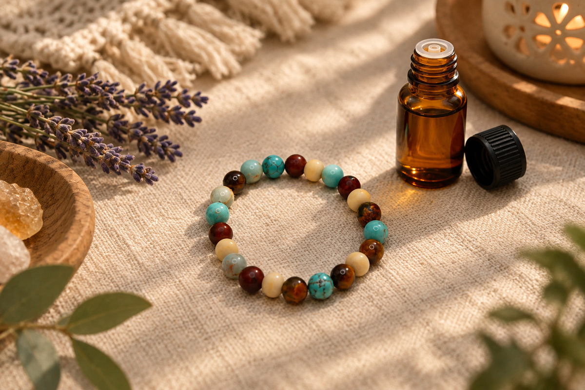 A beaded stretch bracelet made of round stone beads in turquoise, brown, cream, and light gray, displayed on a plain light gray background.