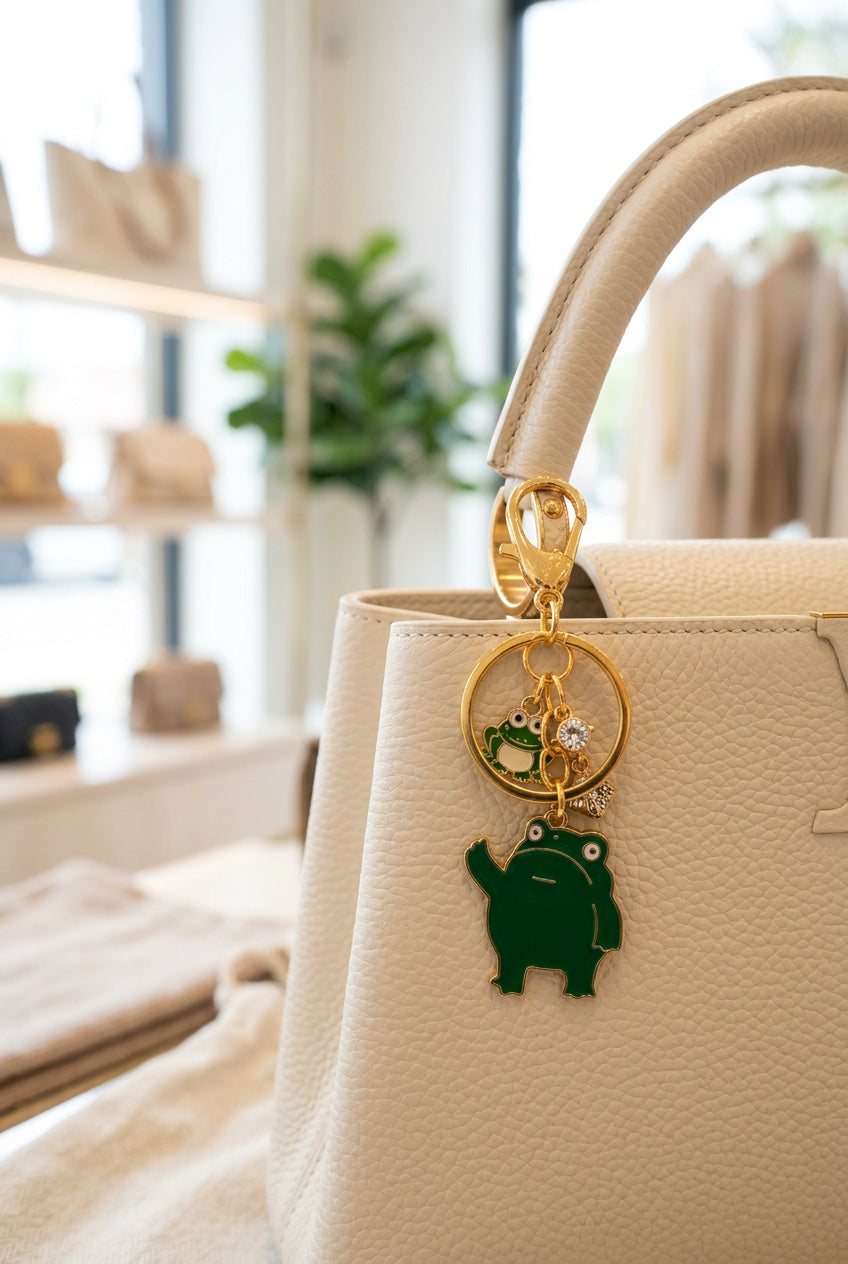 A gold-tone keychain with a green Android robot charm, displayed on a clear acrylic stand against a white background.