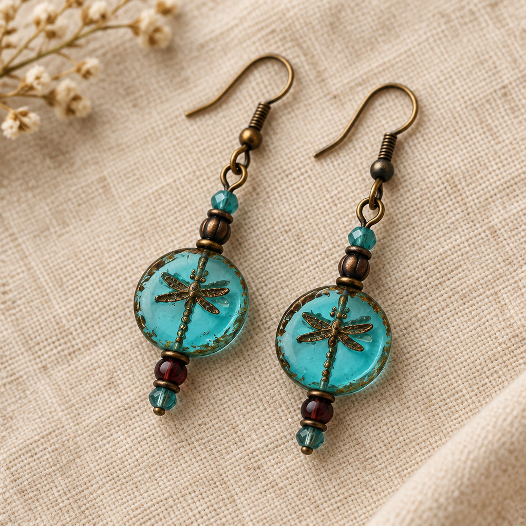 A pair of handmade dangle earrings with turquoise blue circular charms featuring a black cross design, accented with dark brown and green beads, displayed on a clear stand against a light gray background.