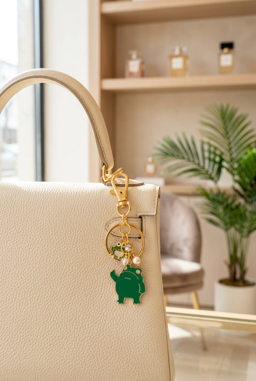 A gold-tone keychain with a green turtle charm and a small green leaf charm, displayed on a clear acrylic stand.