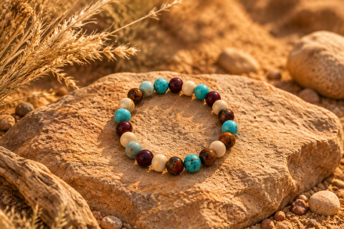 A beaded stretch bracelet made of round wooden beads in brown, turquoise, cream, and light gray, displayed on a plain light gray background.