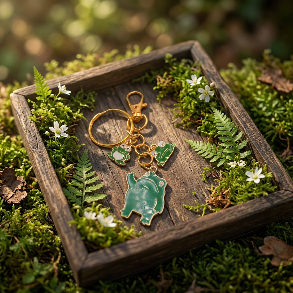 A gold-tone metal keychain featuring three dangling charms shaped like a hippopotamus, a frog, and a shoe, with green enamel fillings, shown on a plain light gray surface.