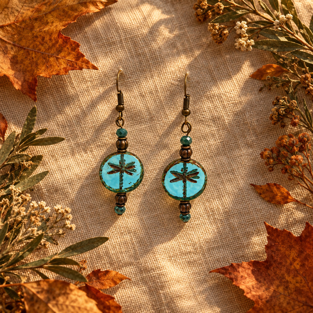 A pair of dangling earrings displayed on a clear acrylic stand against a light gray background. Each earring has a turquoise-blue circular pendant with a black dragonfly motif, accented with dark brown and turquoise beads, and hangs from gold-tone hooks.
