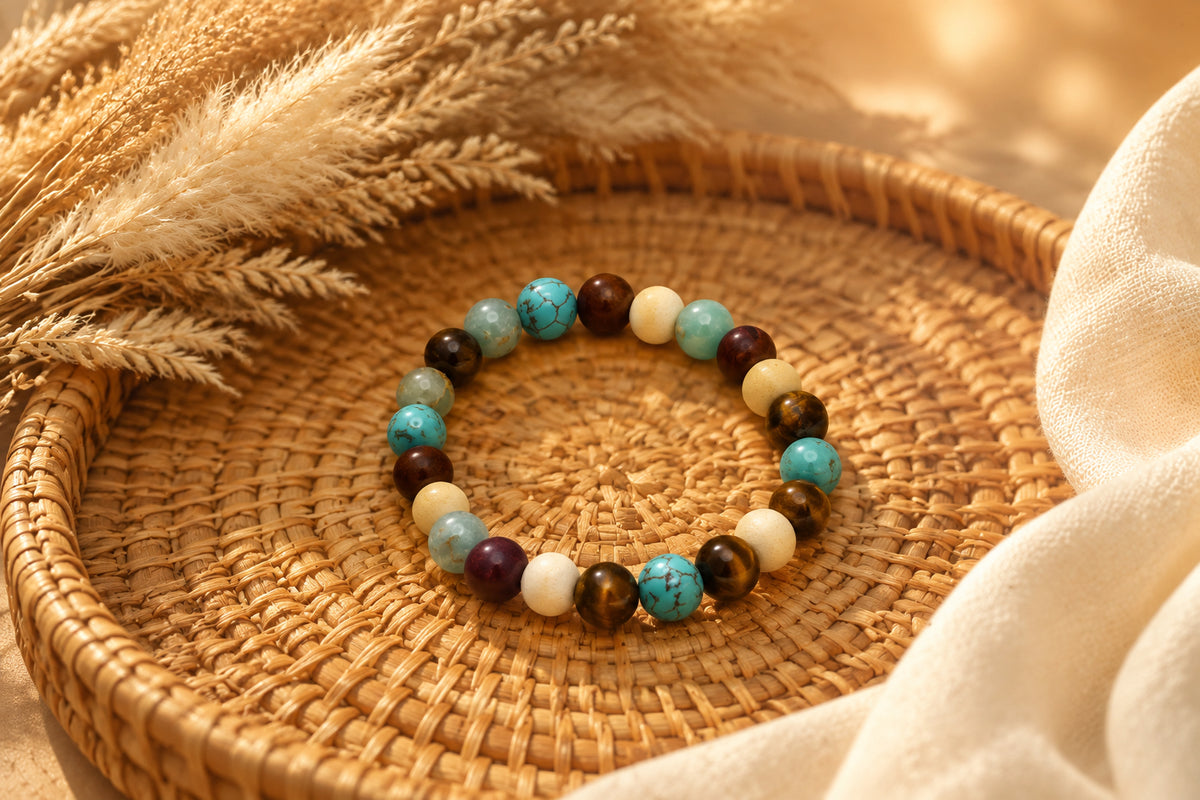 A beaded stretch bracelet made of round natural stones in turquoise, brown, cream, and reddish-brown, displayed on a neutral gray background.