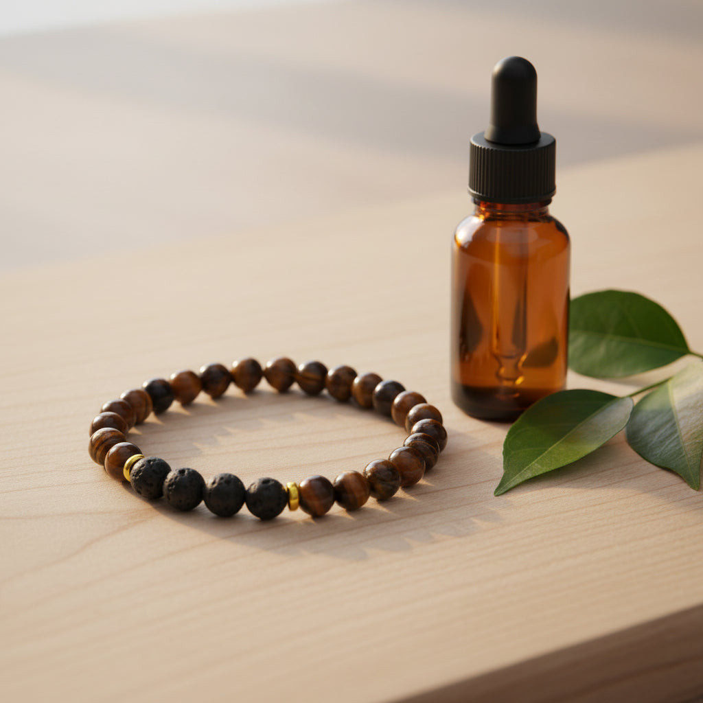 A beaded stretch bracelet featuring alternating brown and black tiger's eye beads, with a few matte black lava stone beads and a small gold spacer, shown on a plain light gray background.
