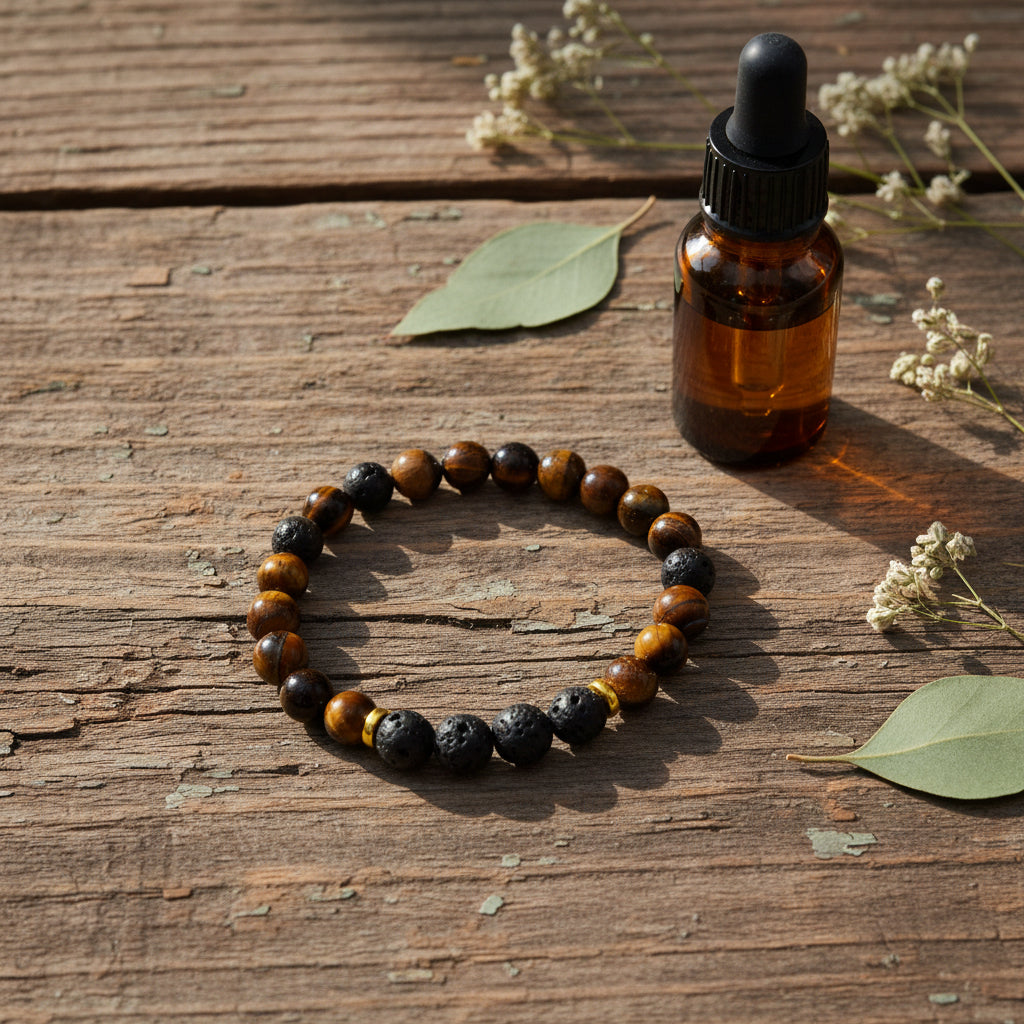 A beaded stretch bracelet made of alternating brown and black tiger's eye beads, with a few dark charcoal beads and small gold spacer rings, shown on a plain light gray background.