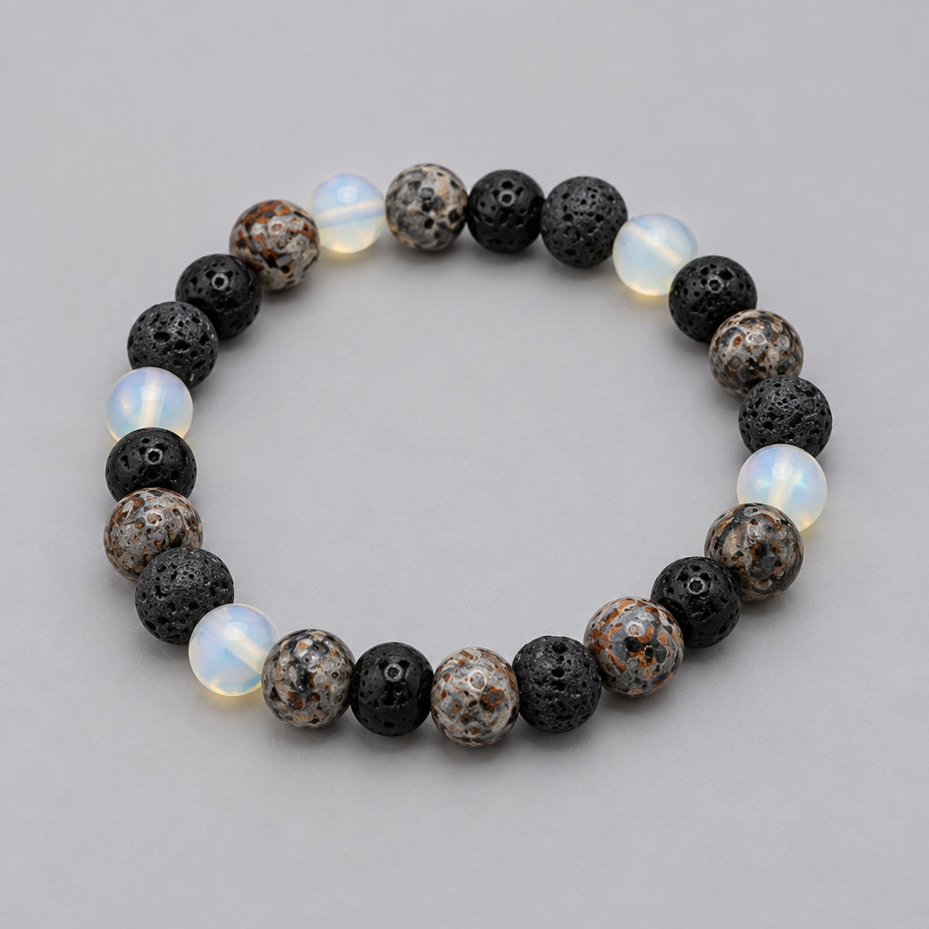 A beaded stretch bracelet made of mixed dark and light stone beads, including black, gray, white, and marbled pieces, displayed on a neutral gray background.
