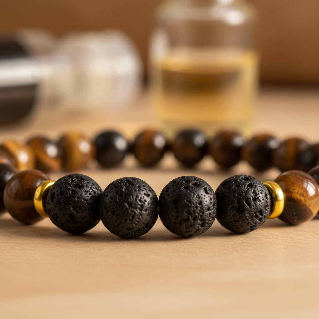 A beaded stretch bracelet featuring alternating brown and black tiger's eye beads, matte black lava stone beads, and a small gold spacer, displayed on a neutral gray background.