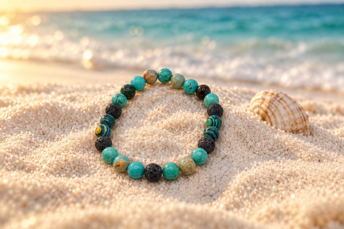 A beaded stretch bracelet featuring a mix of turquoise, dark gray, and light beige marbled beads, displayed on a neutral gray background.