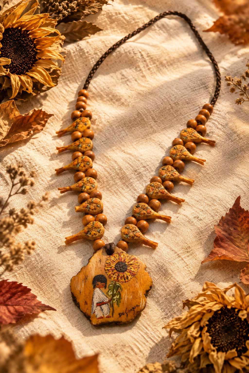 A handmade clay necklace featuring a hand-painted clay pendant of a woman holding a green plant, connected by a dark cord and adorned with small clay gourds on either side, displayed on a white surface.
