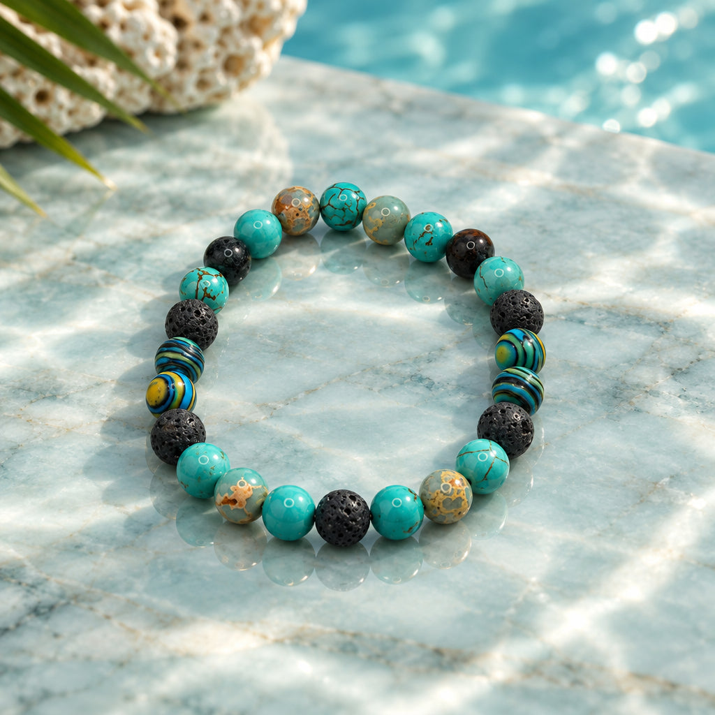 A beaded stretch bracelet made of mixed turquoise, dark gray, and brown marbled beads, displayed on a neutral light gray background.