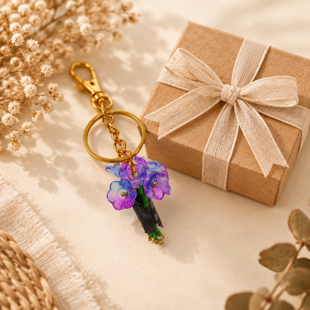 A gold-tone keychain with a small purple and blue flower charm hanging from a clear acrylic display stand on a light wood base.