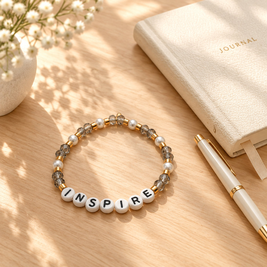 A beaded stretch bracelet with white letter beads spelling 'INSPIRE' and clear faceted beads separated by small gold spacer beads, shown on a plain light gray background.