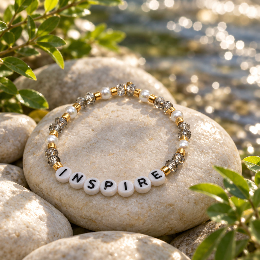 A beaded stretch bracelet featuring white letter beads spelling 'INSPIRE' with black text, surrounded by clear faceted beads and small gold spacer beads, set against a plain light gray background.
