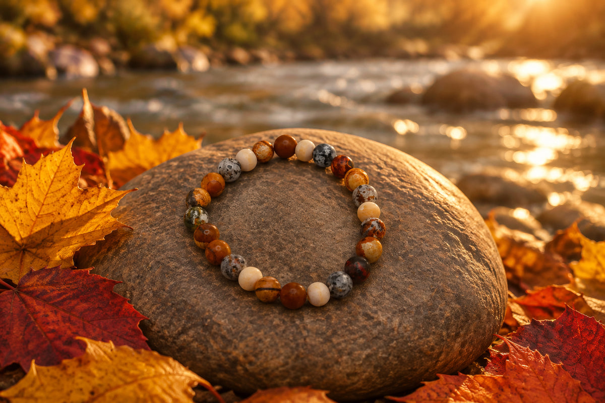 A beaded stretch bracelet made of mixed stone beads in earthy brown, beige, gray, and black, arranged in a circle on a plain light gray background.