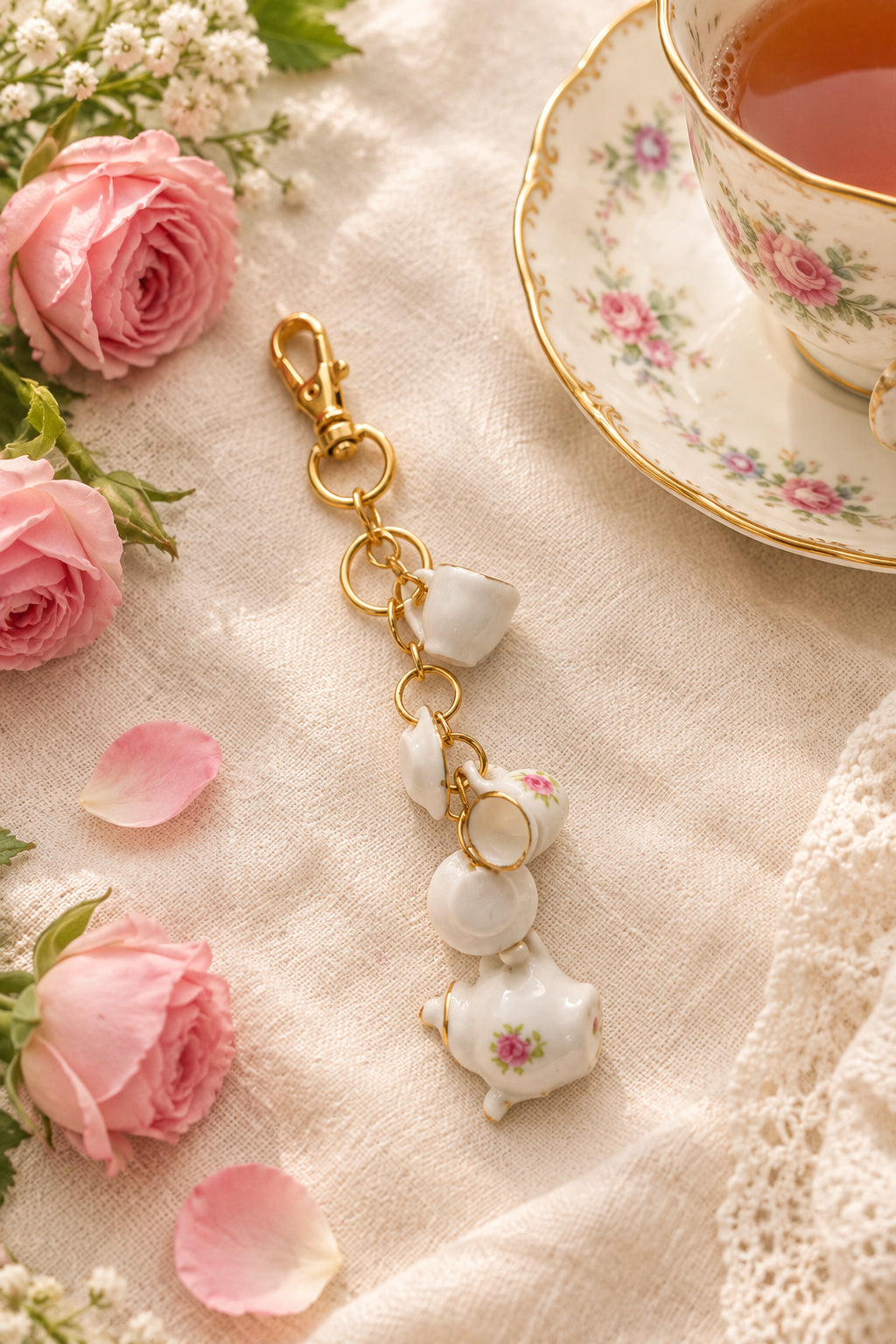 A small white ceramic teapot charm with tiny floral details hangs from gold-tone rings and clips, displayed on a clear acrylic stand with a wooden base against a light gray background.