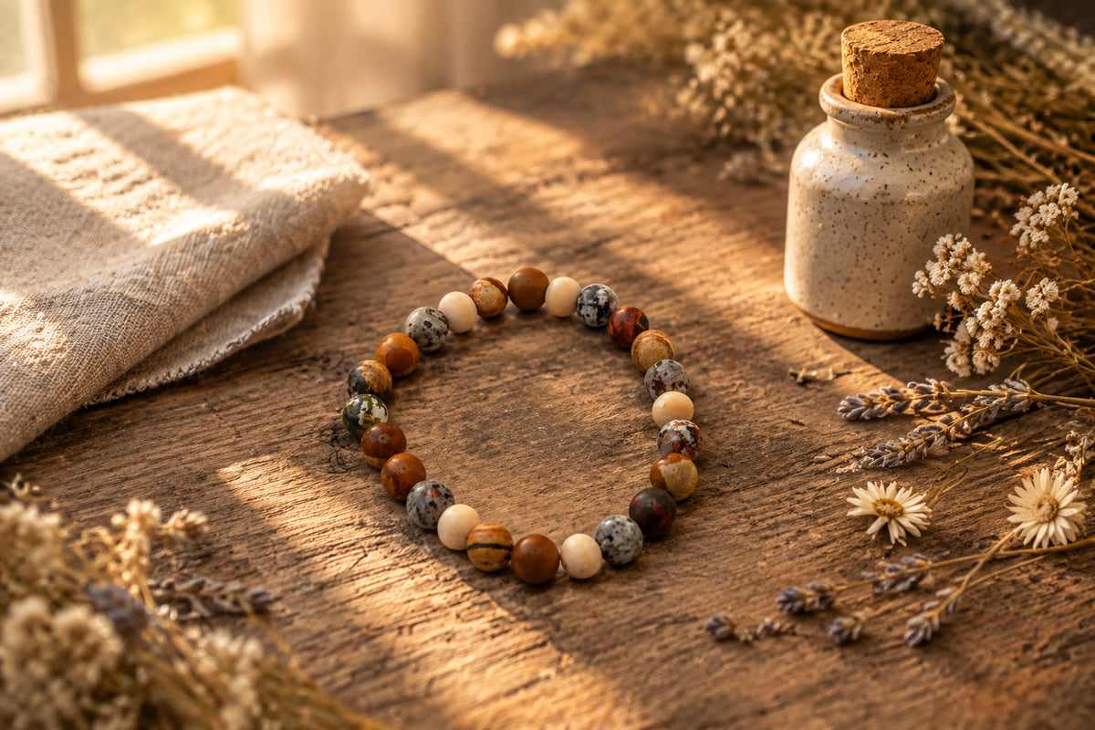 A beaded stretch bracelet made of mixed natural stone beads in brown, cream, and gray, displayed on a plain light gray background.