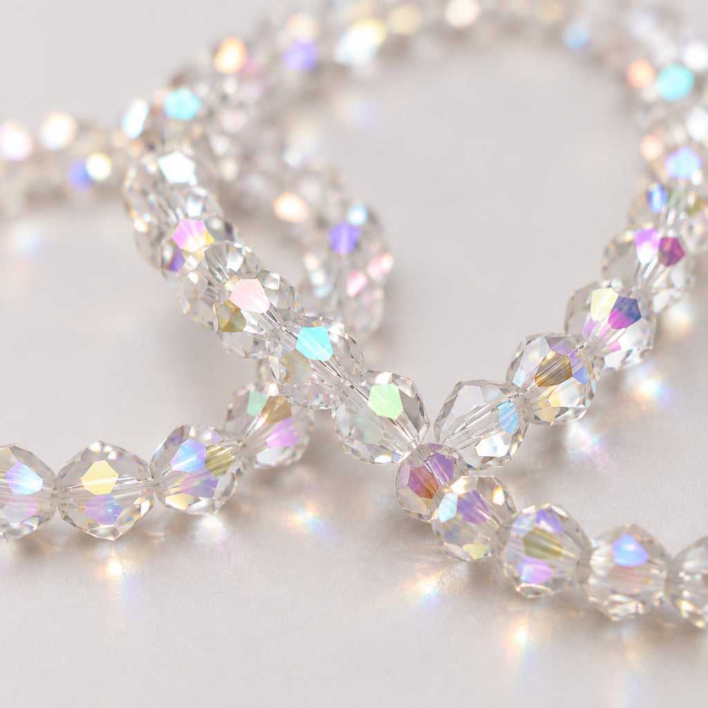 Two beaded stretch bracelets made of faceted white beads with an iridescent, rainbow-reflective coating, arranged on a plain light gray background.