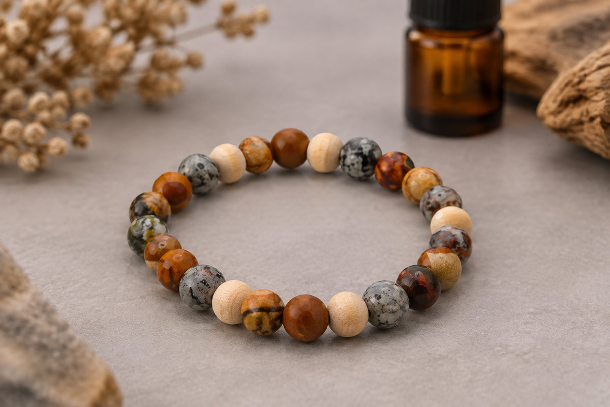 A beaded stretch bracelet made of mixed stone beads in earthy brown, gray, cream, and marbled patterns, displayed on a plain light gray background.