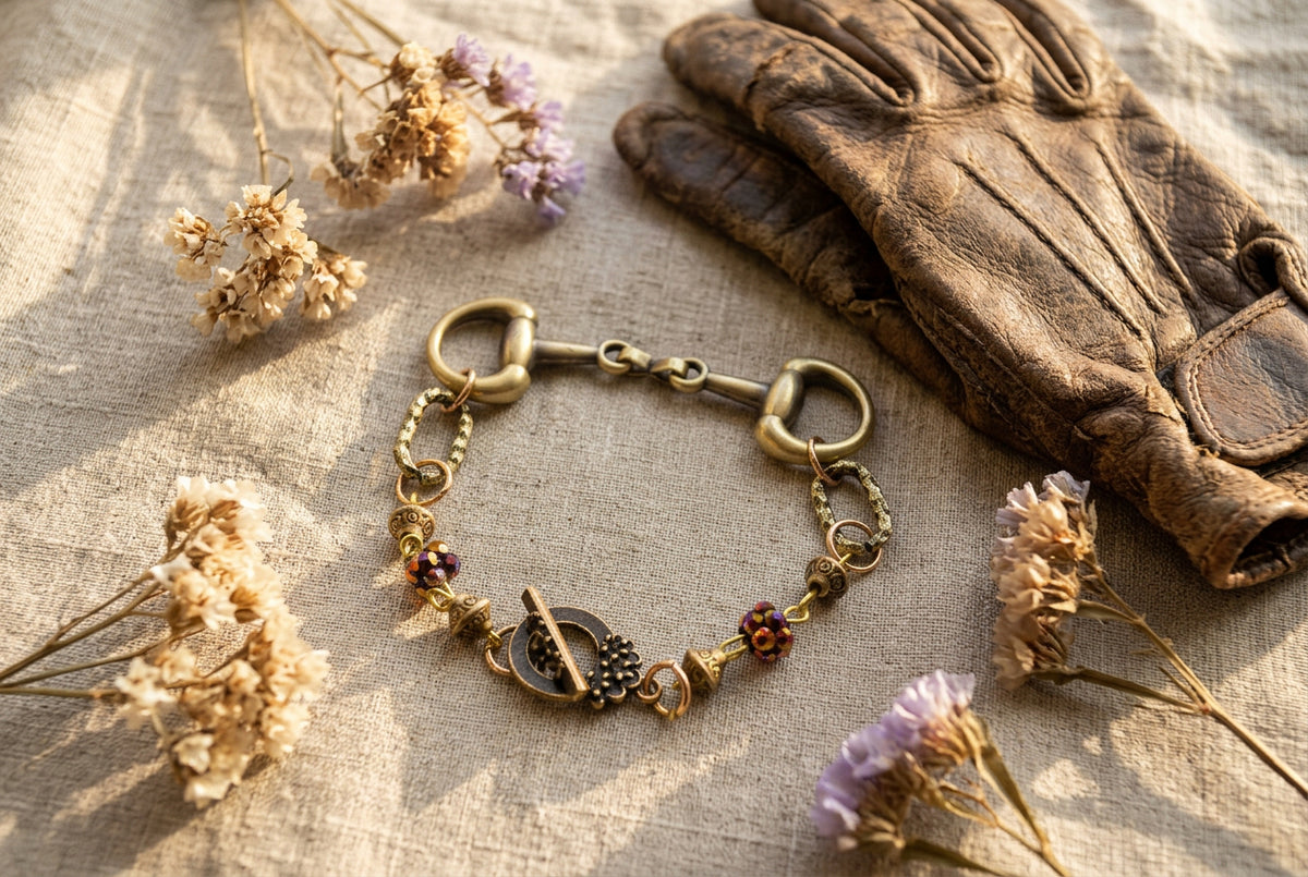 An antique-style horsebit bracelet made of gold-toned metal, featuring a horsebit clasp, chain links, and decorative beads with small red and orange accents, displayed on a plain light gray background.