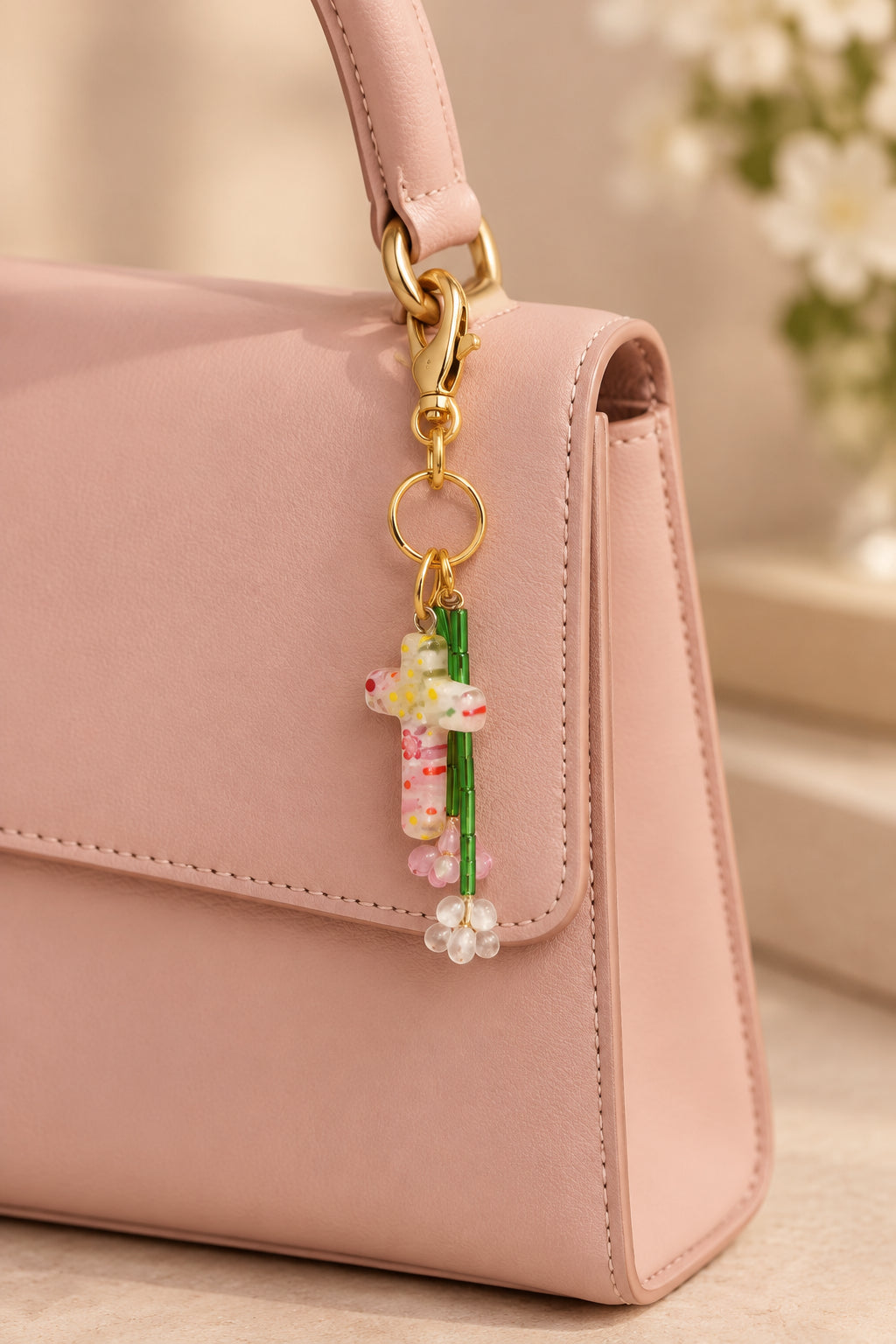 A small gold-tone keychain or bag charm with a clear acrylic cross featuring red, green, and white details, hanging from a gold clasp inside a translucent display arch.
