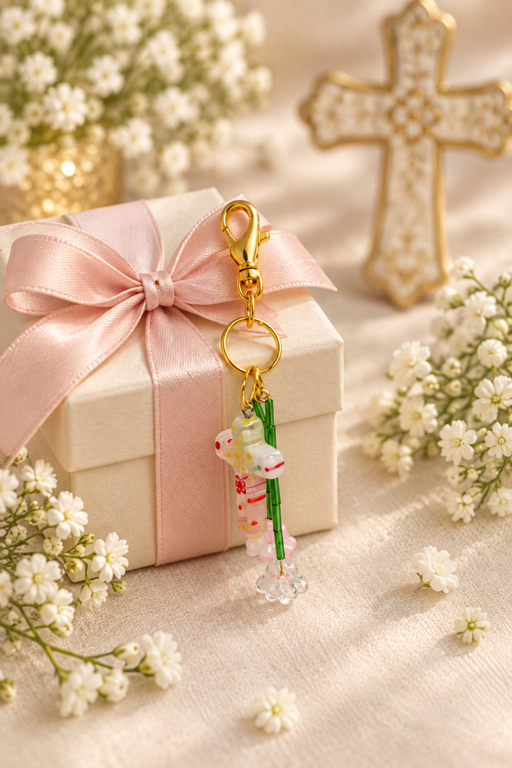A small gold-tone keychain or bag charm with a clear acrylic dome hanger and a colorful printed figure charm, displayed on a clear stand against a light gray background.