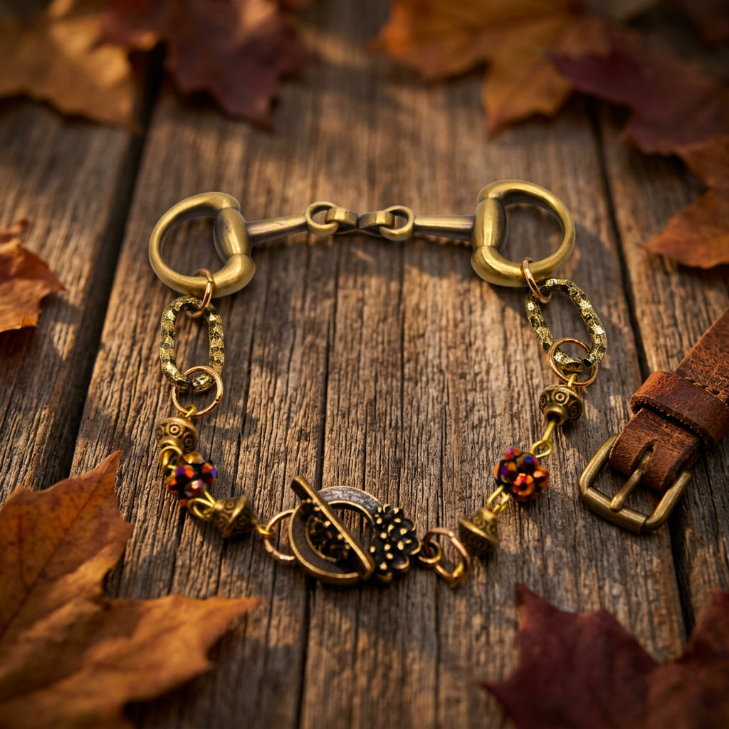 A vintage-style horse bit bracelet featuring a gold-toned metal horse bit clasp, chain links, decorative beads, and a central toggle clasp, displayed on a plain light gray background.