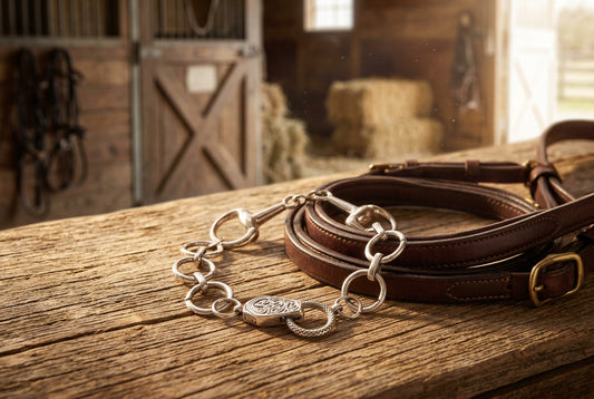 A silver-toned chain bracelet with a central decorative clasp, photographed on a plain light gray background.