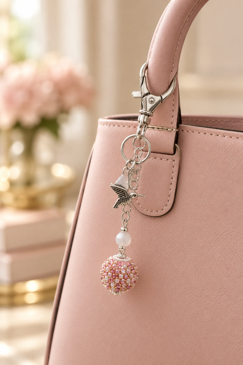 A silver-toned lobster clasp keychain with a small bird charm and a round pink beaded ball charm, displayed on a clear acrylic stand with a wooden base against a light gray background.