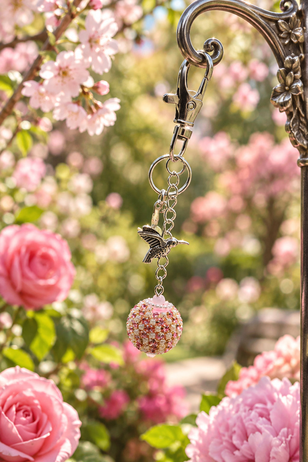 A silver-tone metal keychain with a lobster clasp, key ring, bird charm, and a rhinestone-covered ball charm, displayed on a clear acrylic stand with a wooden base against a light gray background.