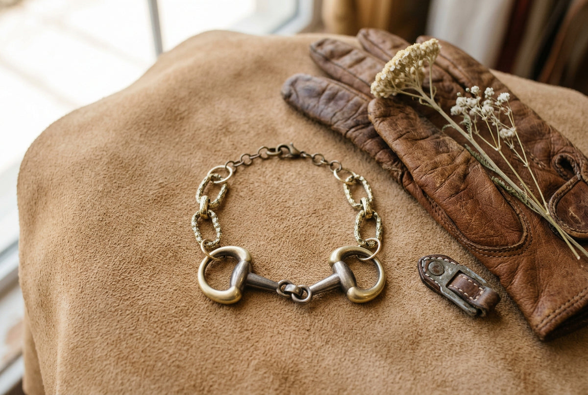 A horse bit chain bracelet featuring two gold-toned horse bits connected by a beaded gold chain and a silver-toned metal clasp, displayed on a neutral light gray background.