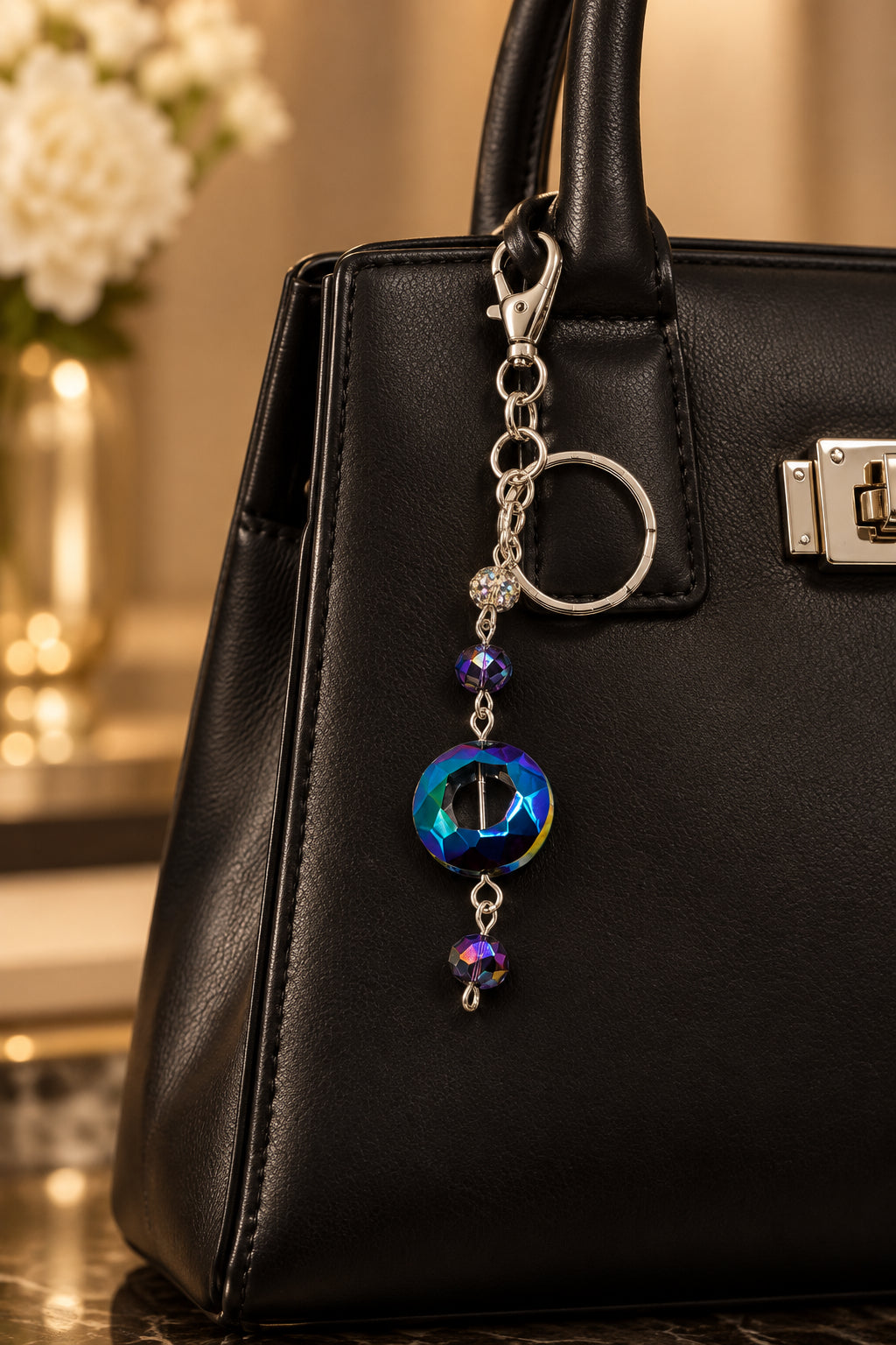 A silver-tone metal keychain charm featuring a round iridescent blue and purple bead, a smaller matching purple bead, and a dangling silver ring, shown on a plain light gray background.