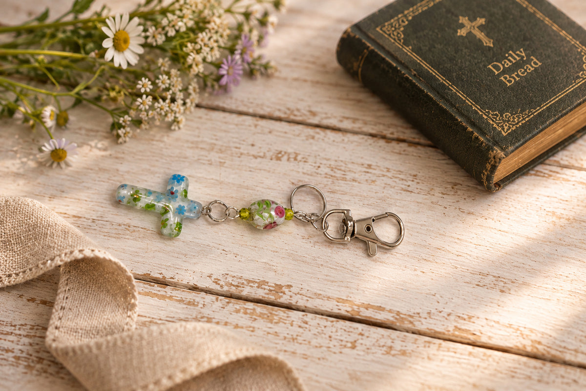 A silver-toned metal keychain featuring a small cross charm with a blue and green floral pattern, a small decorative bead, and a lobster clasp, shown on a plain light gray background.