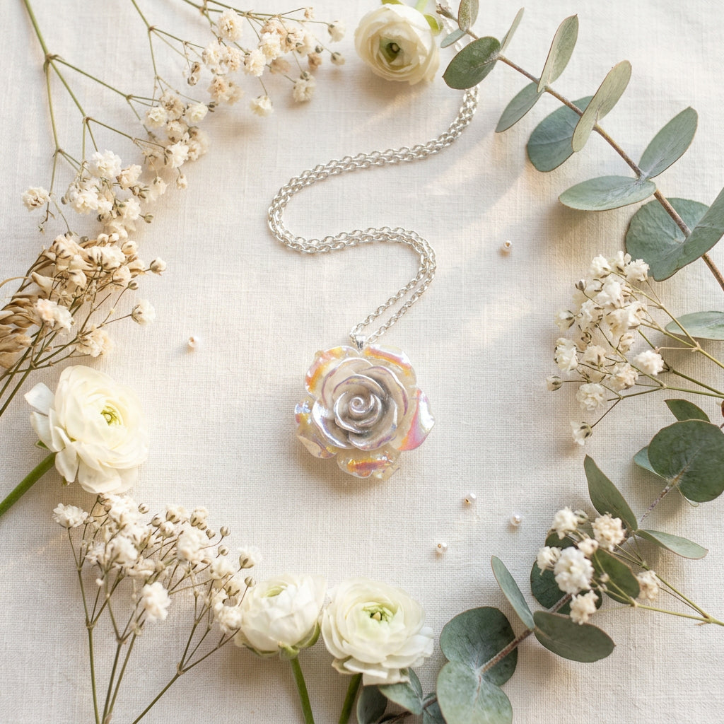 A silver chain necklace with a 3D rose pendant made of iridescent mother-of-pearl, displayed on a black velvet jewelry bust against a white background.