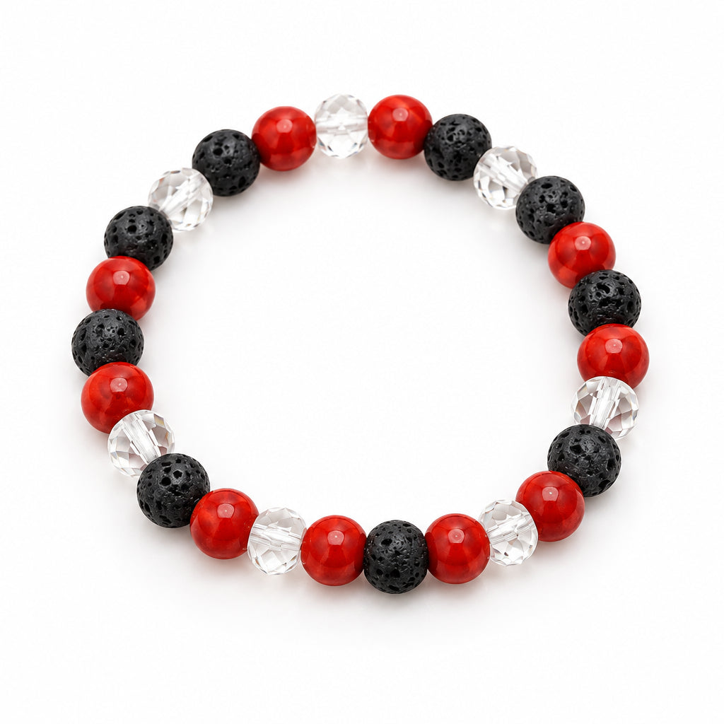 A beaded stretch bracelet featuring alternating red, matte black, and textured dark gray beads, with a few clear faceted beads, displayed on a neutral light gray background.