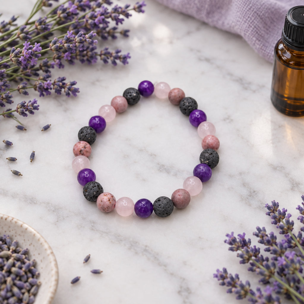 A beaded stretch bracelet made of alternating purple, pink, and dark gray stone beads, displayed on a plain light gray background.