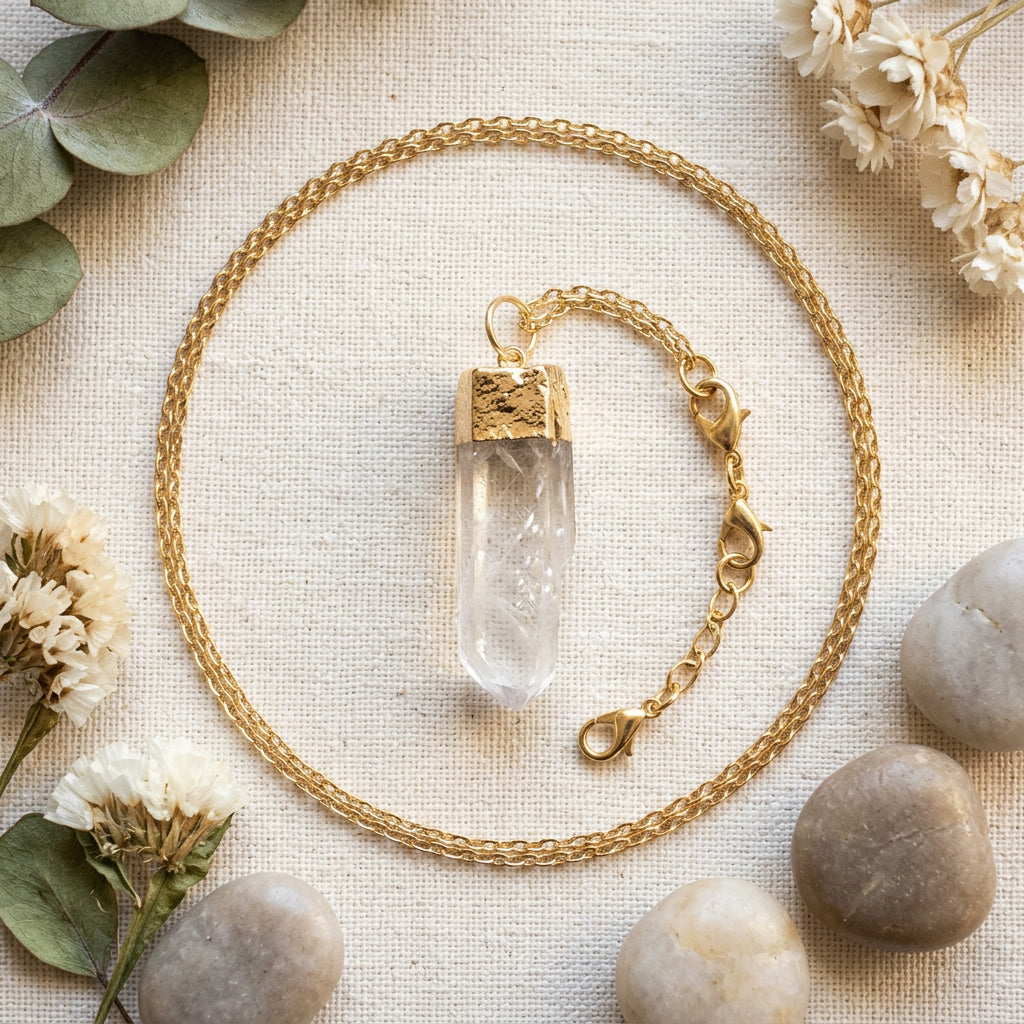 A clear quartz crystal point pendant necklace with gold caps, displayed on a black velvet necklace bust with a hand holding the left side.