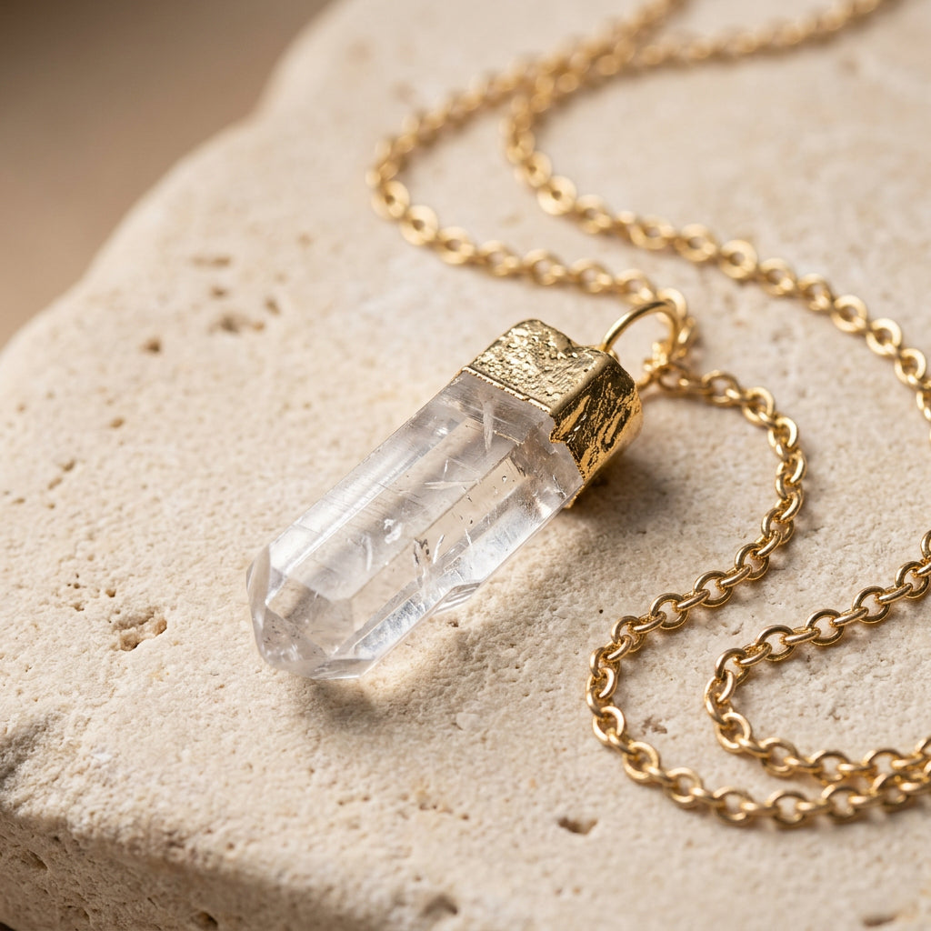 A clear crystal point pendant necklace on a delicate gold chain, displayed on a black velvet jewelry bust with a hand holding the left side against a white textured background.