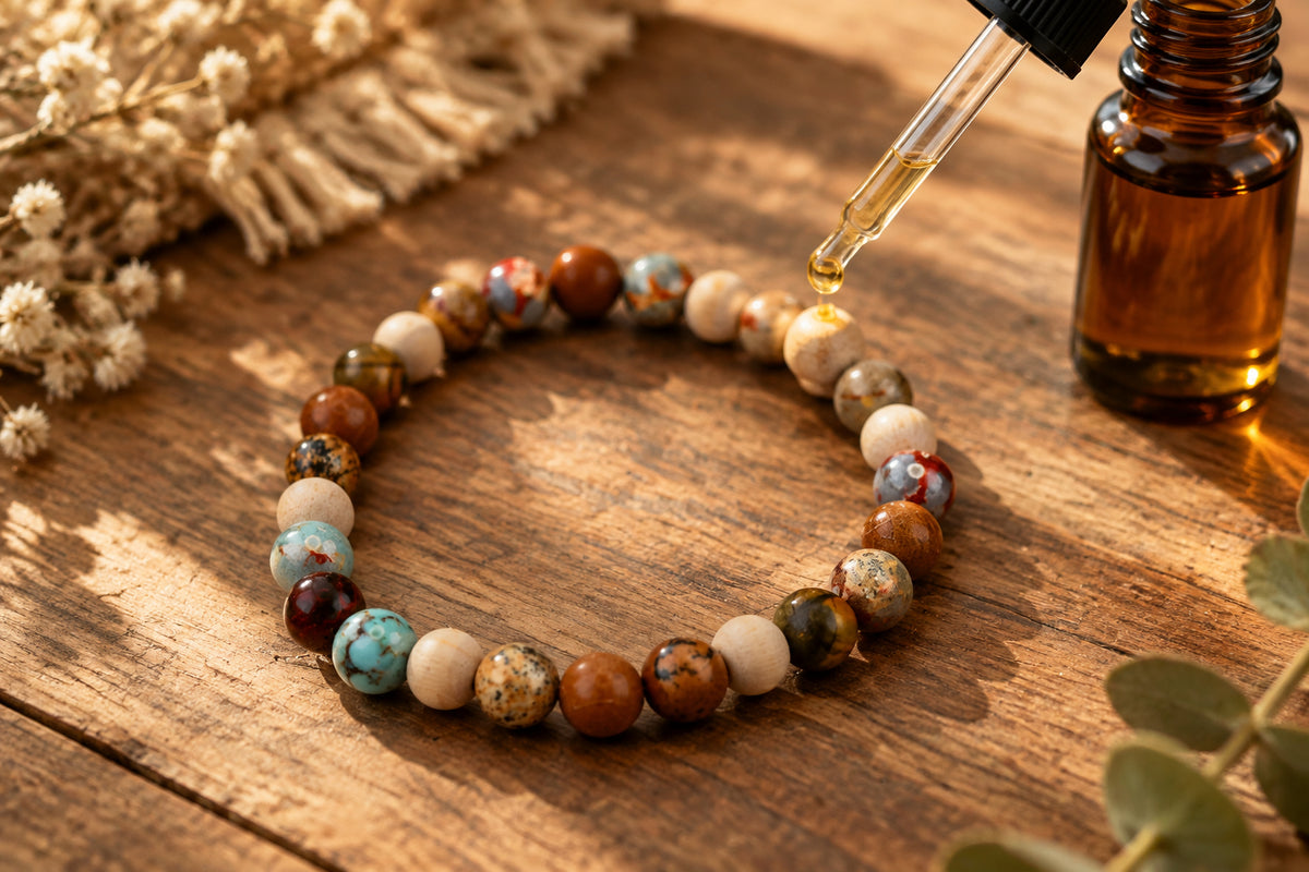 A beaded stretch bracelet made of round stone beads in earthy brown, beige, light blue, and marbled gray and red tones, photographed on a plain light gray background.