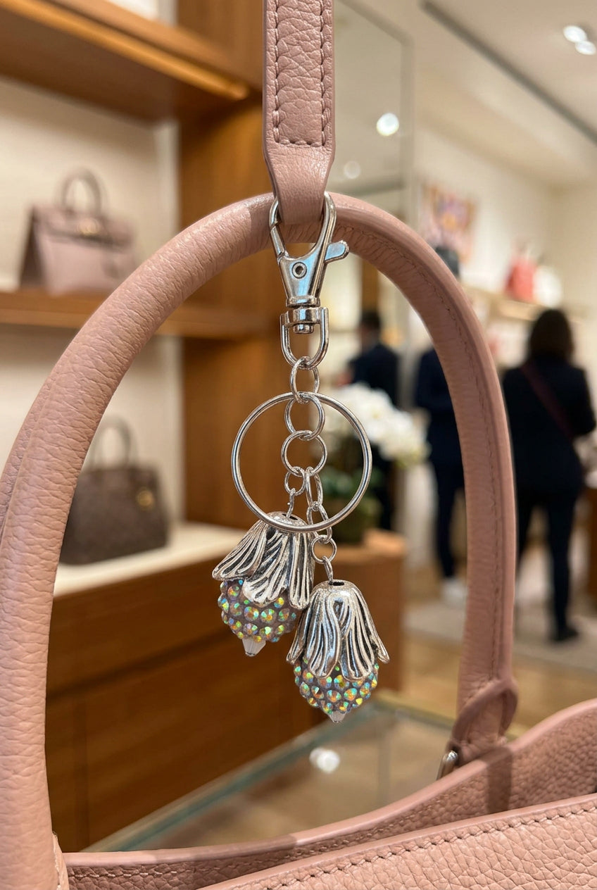 A silver-toned keychain or bag charm with a lobster clasp, a split ring, and two dangling acorn-shaped charms embellished with iridescent beads, shown against a plain light background.
