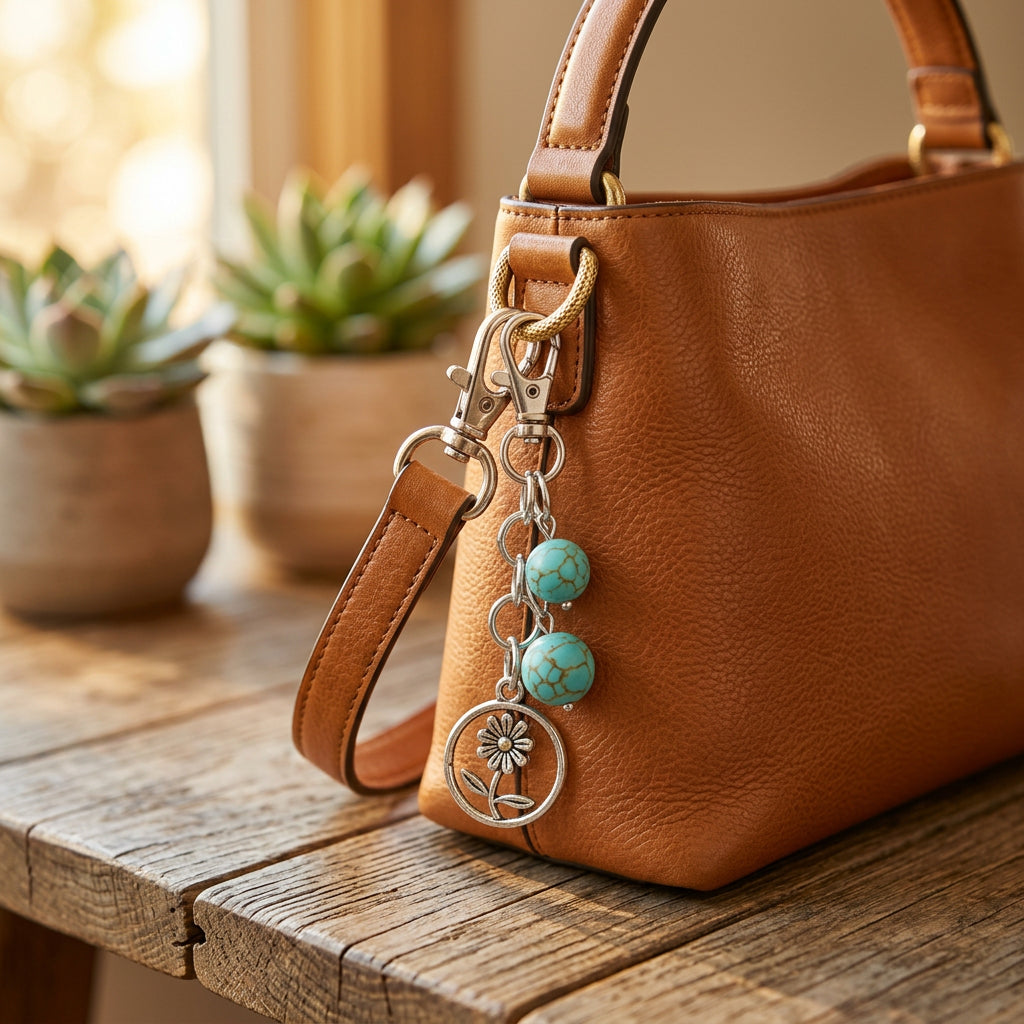A silver-toned keychain charm featuring a tree of life disc charm, two small turquoise beads, and a lobster clasp, shown on a plain light gray surface.