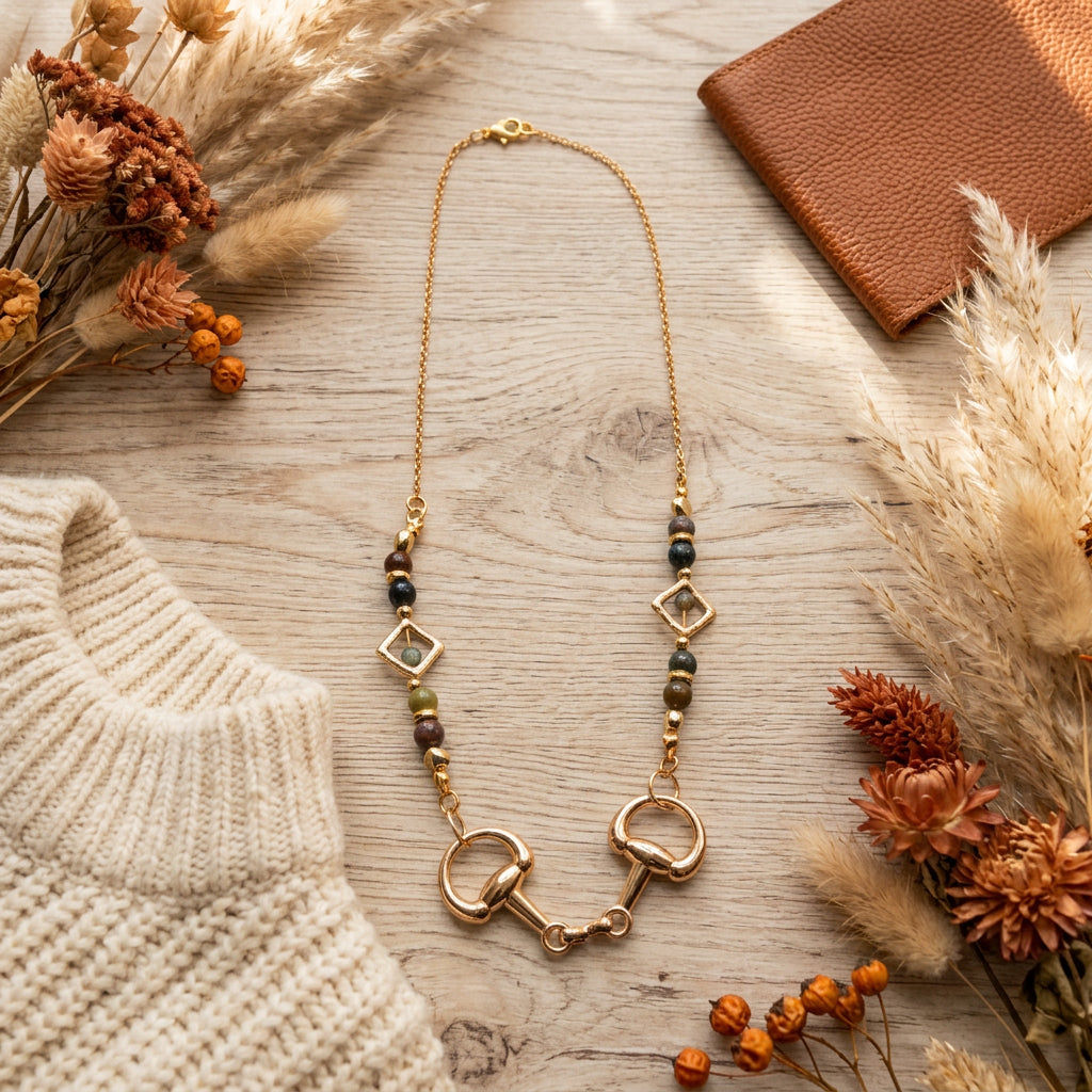 A gold-toned necklace featuring horse bit charms, diamond-shaped links, and dark green beads, displayed on a light gray surface.