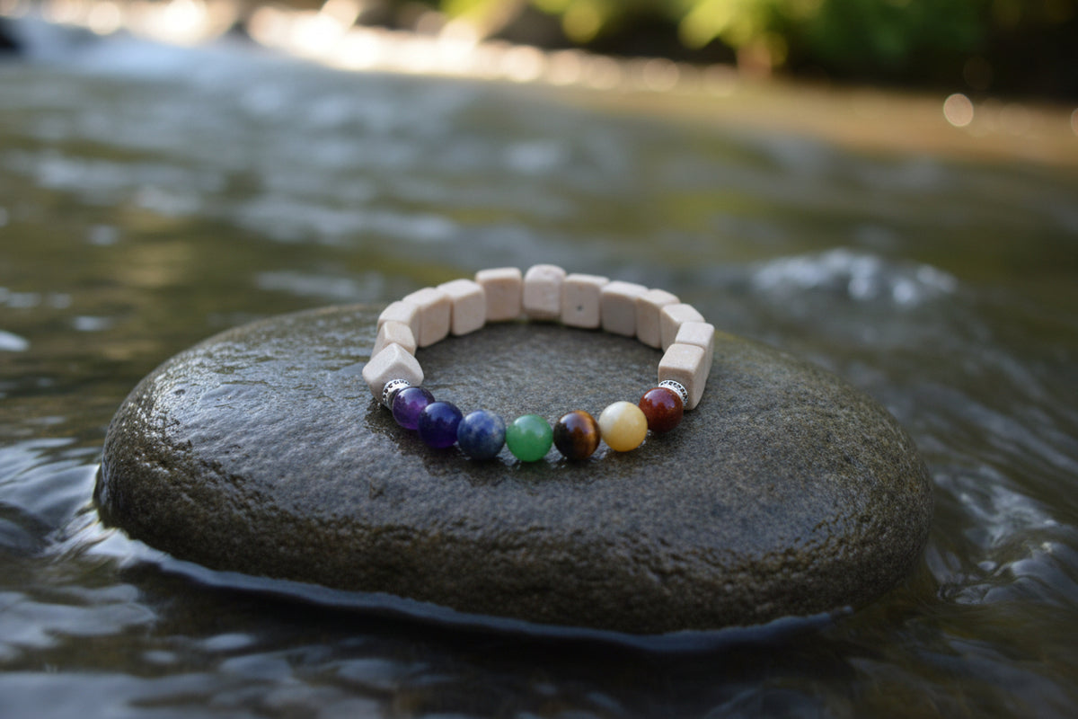 A beaded bracelet made of light beige square beads with a section of small rainbow-colored round beads, displayed on a white background.