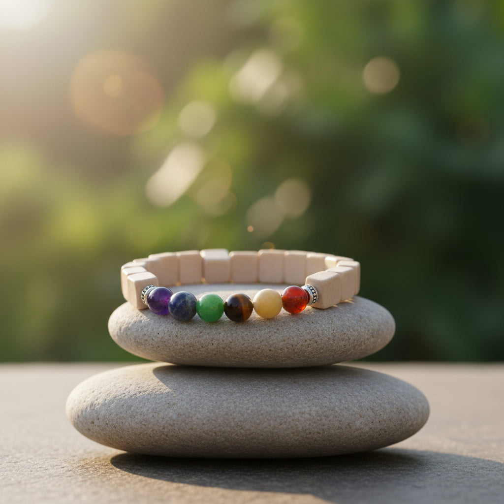 A beaded stretch bracelet made of light beige wooden cubes with a small rainbow section of multicolored beads at the bottom, displayed on a white background.