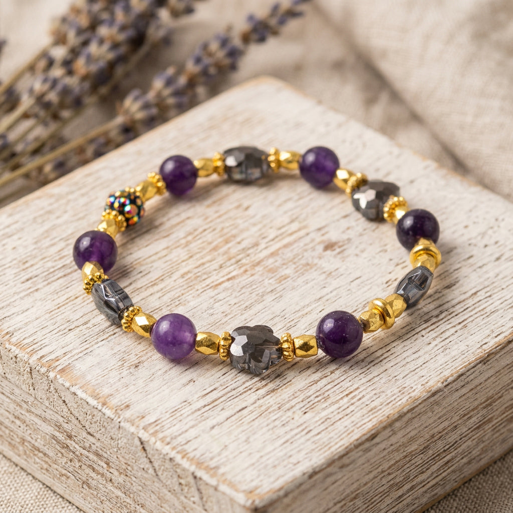 A beaded stretch bracelet featuring purple round beads, gold-toned spacer beads, and gray stone beads, displayed on a plain light gray background.